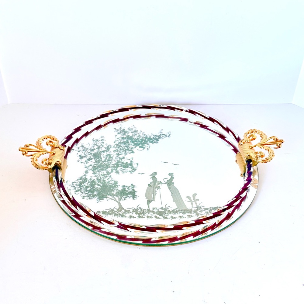 1940s Murano Glass Mirrored Vanity Bar Tray Etched Twisted Ruby Glass Rope Italy